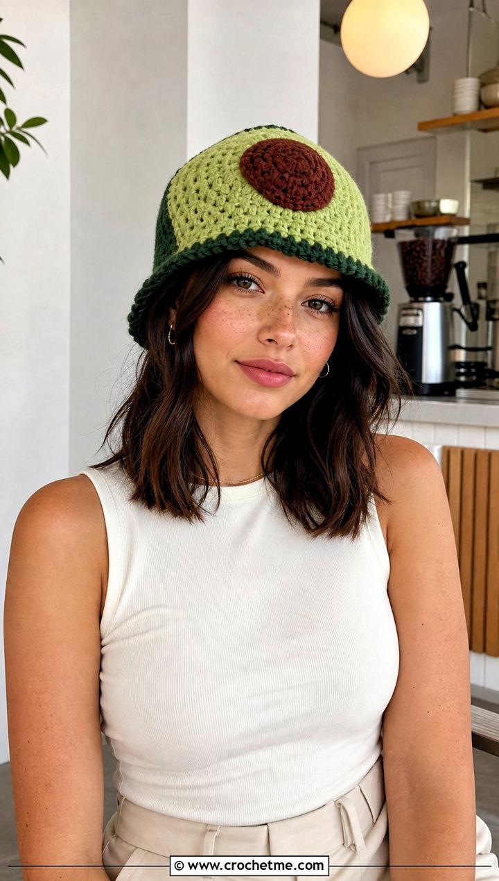 Avocado Crochet Hat With Minimalist Separates - 30 crochet funny hats outfit ideas