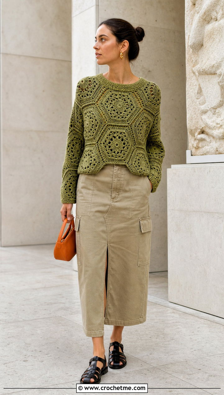 Avocado Green Hexagon Crochet Jumper With Utility Skirt - 30 green crochet jumper outfit ideas