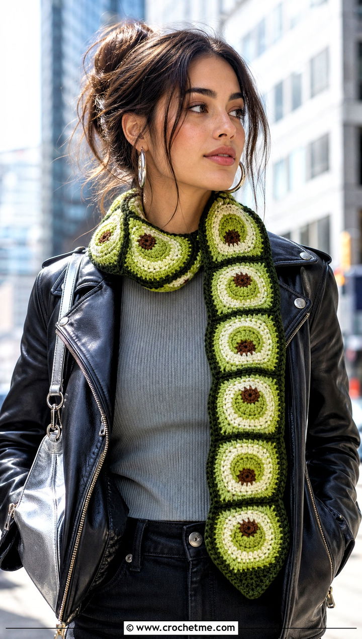 Avocado Maki Crochet Sushi Scarf With Leather Jacket - 30 crochet sushi scarf outfit ideas