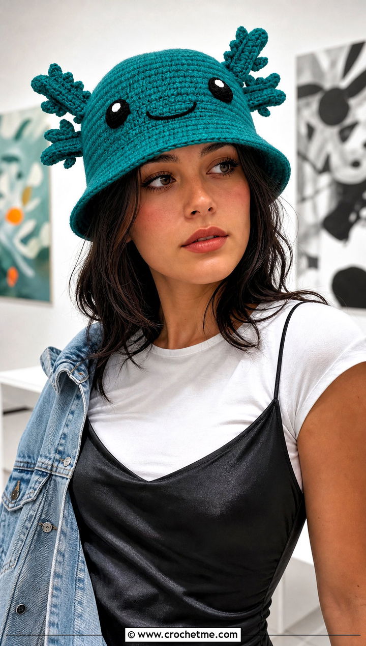 Axolotl Bucket Hat With Slip Dress - 20 Minecraft Crochet Hat outfit ideas