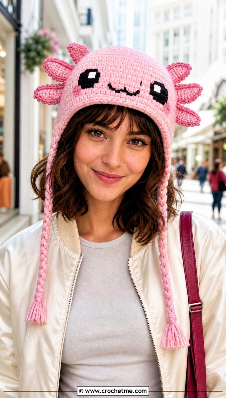 Axolotl Earflap Beanie With Bomber Jacket - 20 Minecraft Crochet Hat outfit ideas