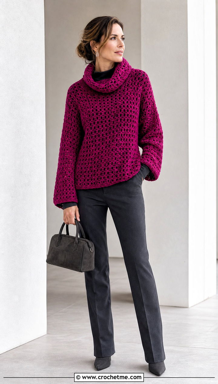 Azel Crochet Pullover With Monochrome Basics - 25 azel crochet pullover outfit ideas