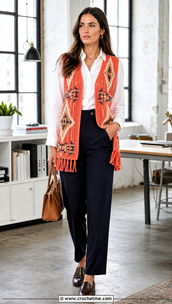 Aztec Coral Fringe Vest With White Shirt And Trousers - 15 coral fringe vest in knit crochet boho style outfit ideas