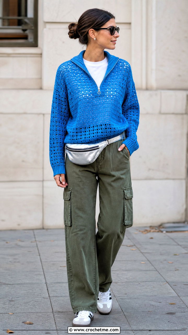 Azure Blue Quarter Zip Crochet Sweater With Cargo Pants - 35 blue crochet sweater outfit ideas