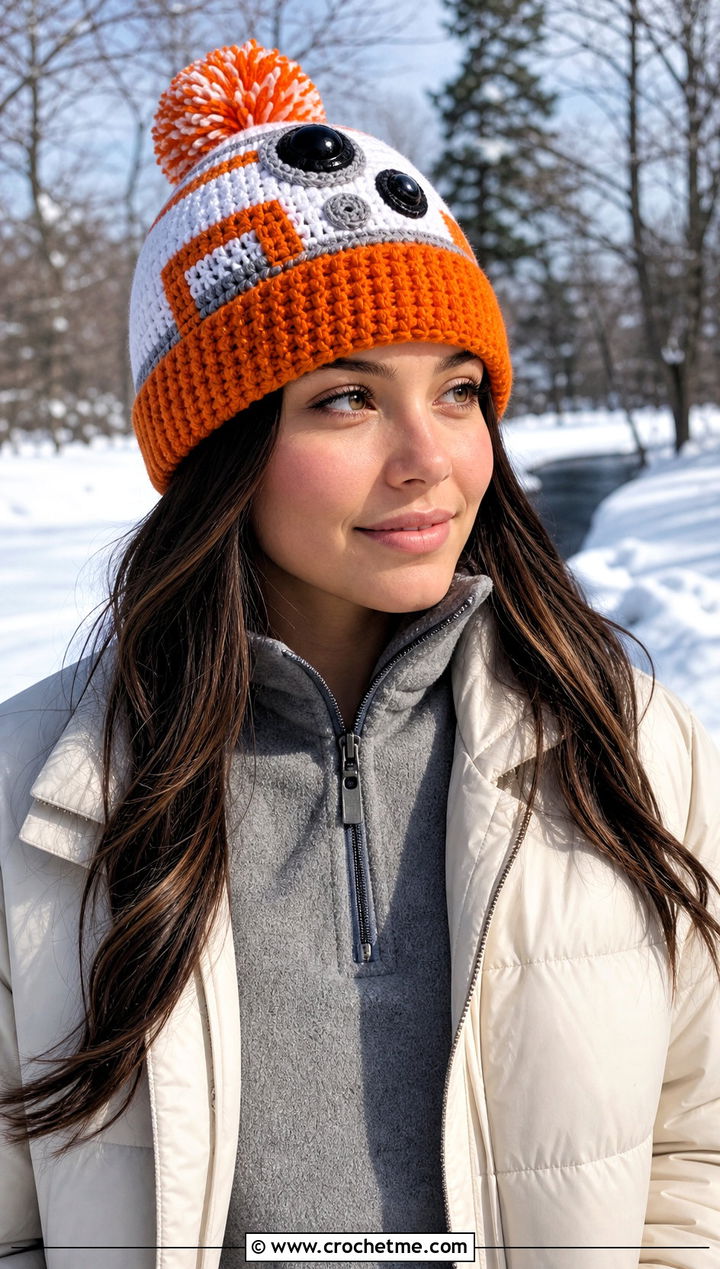 BB Crochet Pom Pom Beanie With Puffer Jacket - 30 crochet star wars hat outfit ideas