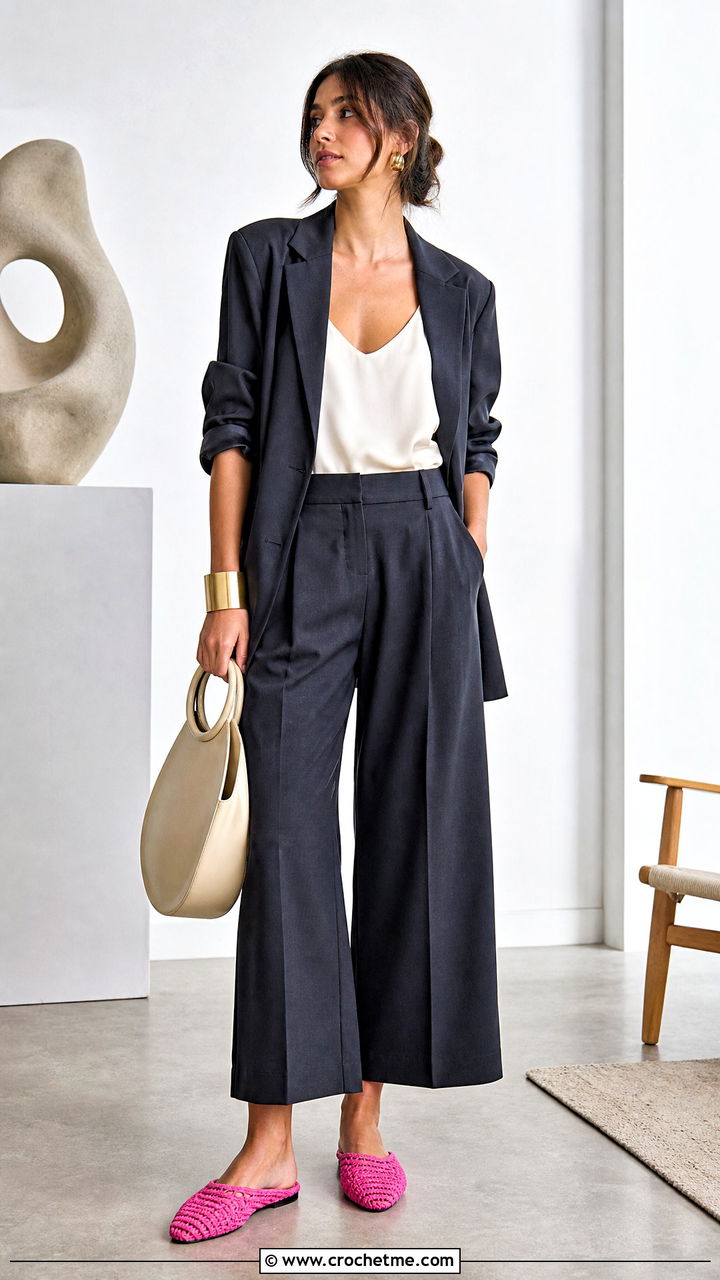 Babouche Crochet Slippers With A Relaxed Suit - 35 crochet slipper outfit ideas