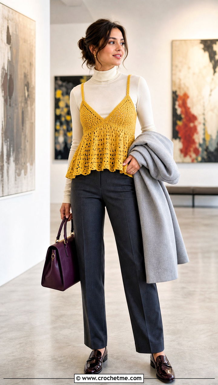 Babydoll Crochet Cami Over Turtleneck With Trousers - 25 Strappy Crochet Top outfit ideas