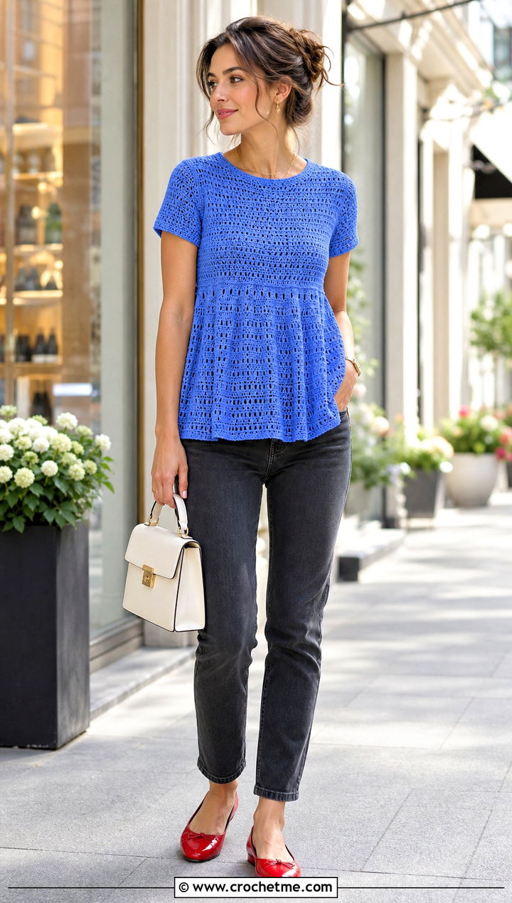 Babydoll Crochet Thread Top With Slim Jeans - 35 crochet thread top outfit ideas
