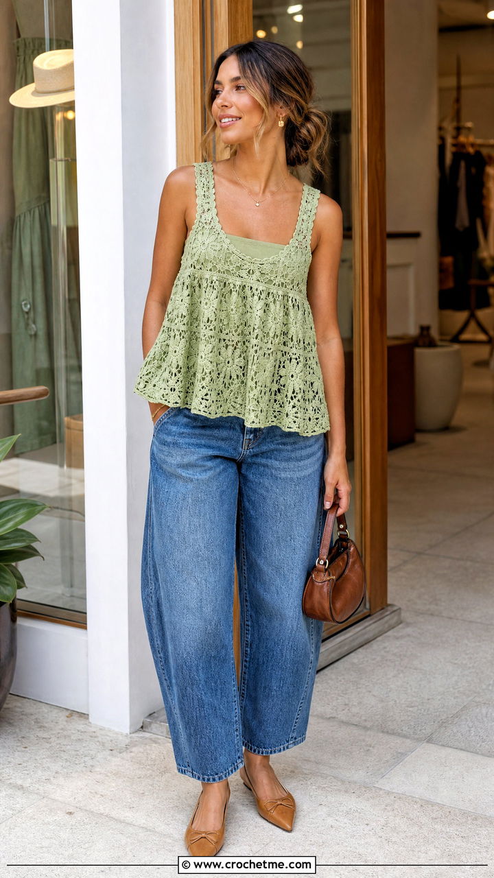 Babydoll Crochet Top With Barrel Jeans - 35 crochet top for women outfit ideas