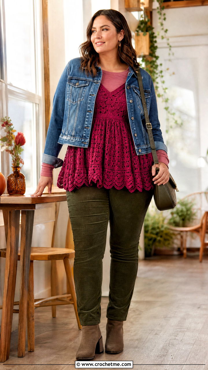 Babydoll Crochet Top With Slim Corduroy Pants - 35 crochet fall top outfit ideas