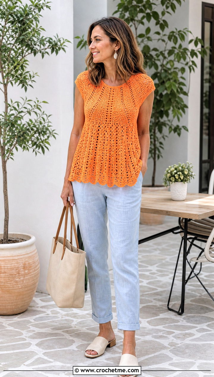 Babydoll Crochet Top With Slim Linen Pants - 35 crochet top for summer outfit ideas