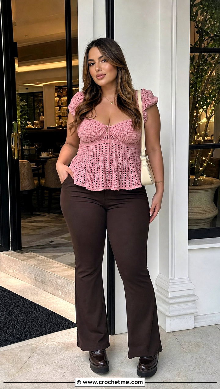 Babydoll Milkmaid Crochet Top With Slim Flared Pants - 25 milkmaid crochet top outfit ideas