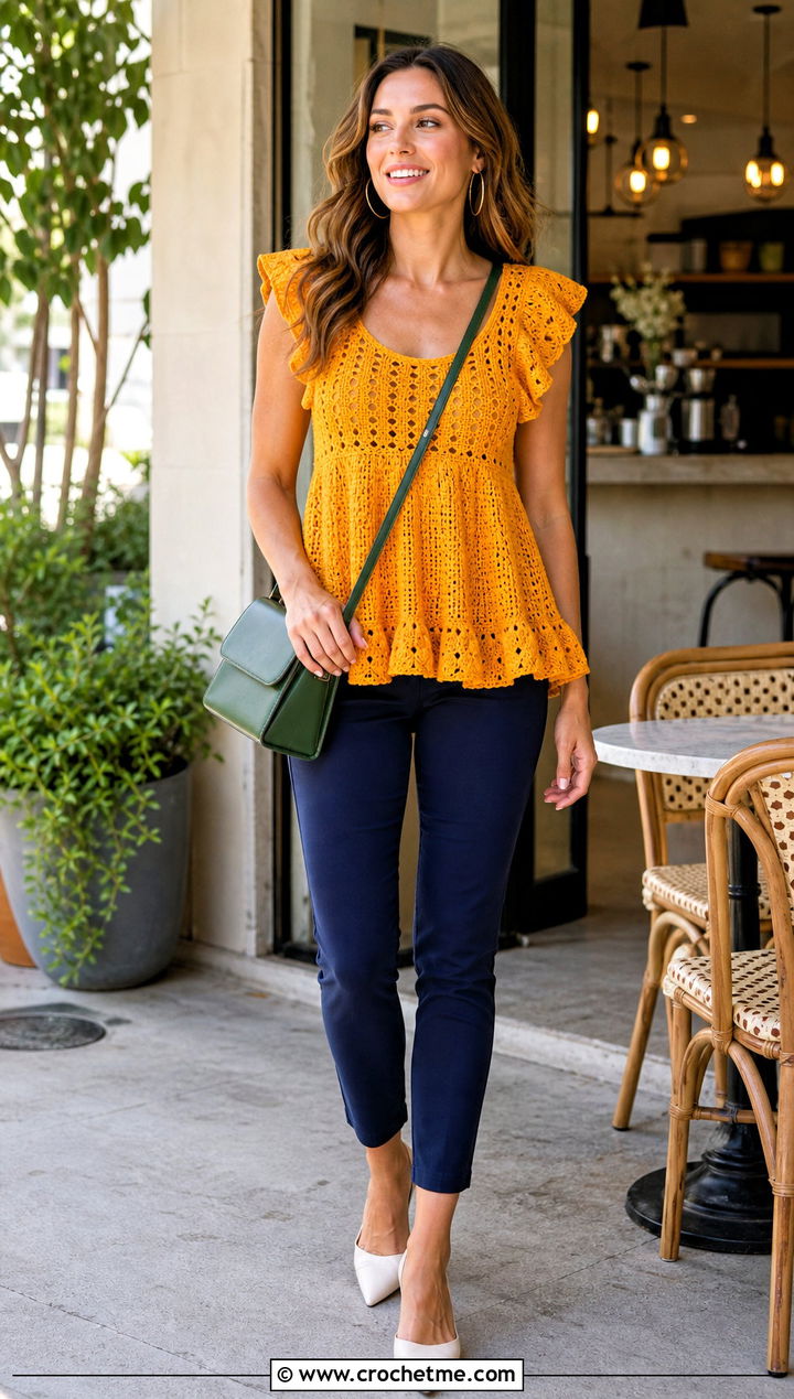 Babydoll Ruffle Crochet Top With Slim Ankle Pants - 35 crochet top with ruffles outfit ideas