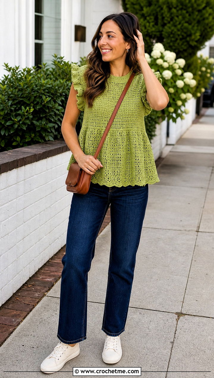 Babydoll Ruffle Sleeve Crochet Top With Straight Leg Jeans - 30 crochet ruffle sleeve top outfit ideas