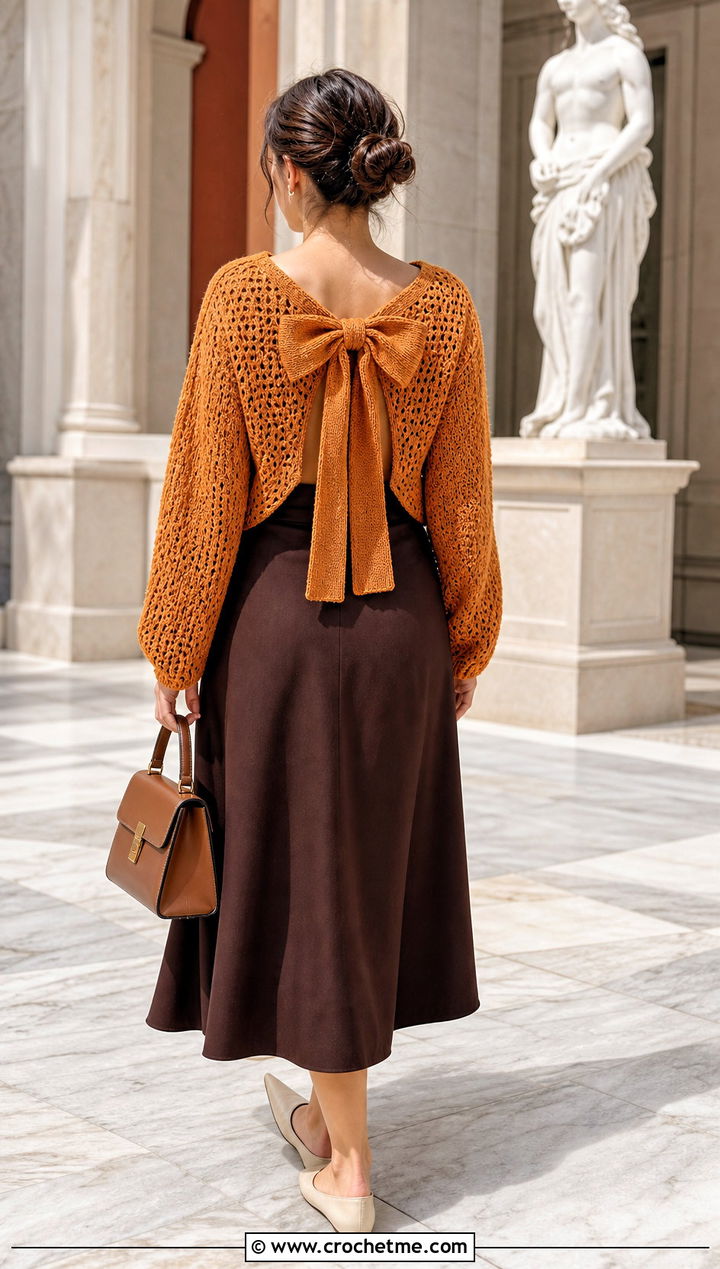 Back Bow Crochet Sweater With A Line Midi Skirt - 25 crochet bow sweater outfit ideas