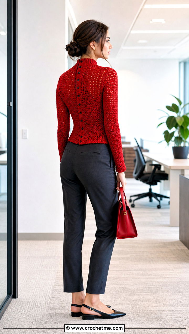 Back Button Crochet Mock Neck Top With Cigarette Pants - 35 crochet mock neck top outfit ideas