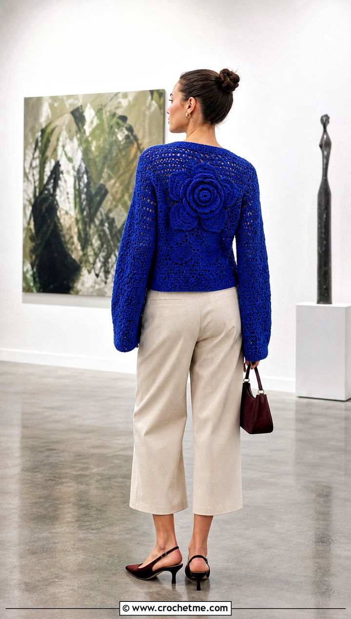 Back Flower Crochet Sweater With Cropped Culottes - 30 crochet flower sweater outfit ideas