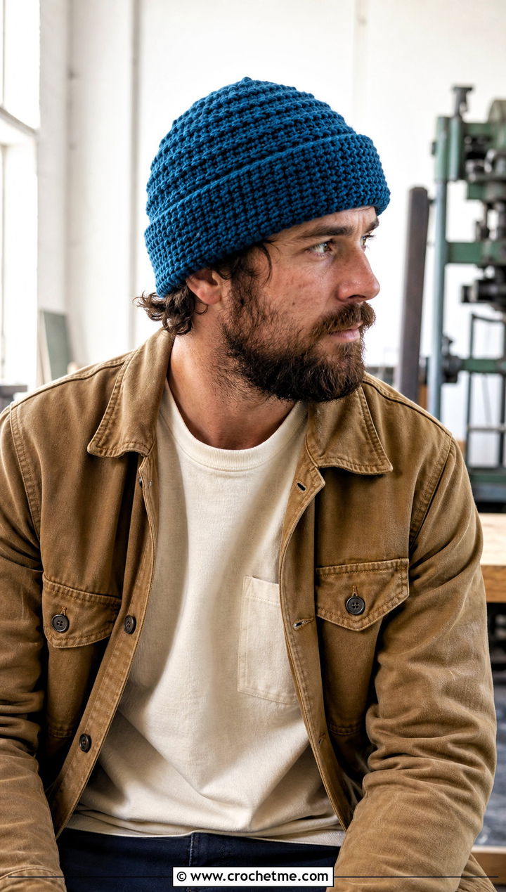 Back Loop Crochet Beanie With Utility Outfit - 30 crochet man beanie outfit ideas