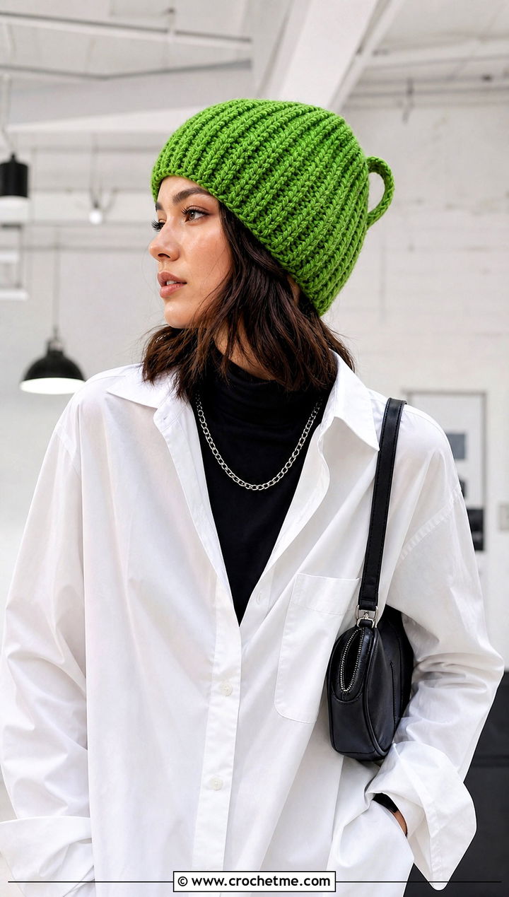 Back Loop Ribbed Crochet Short Row Beanie With White Shirt - 20 Crochet Short Row Beanie outfit ideas