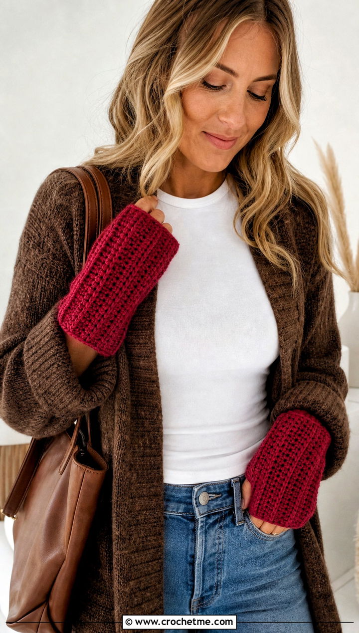 Back Loop Ribbed Fingerless Gloves With Cardigan - 25 Crochet Fingerless Gloves Bulky Yarn outfit ideas