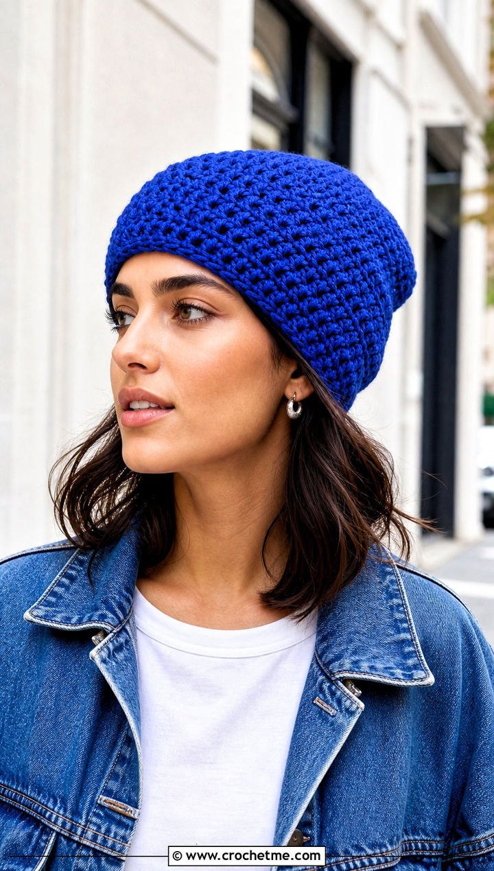 Back Loop Ribbed HDC Crochet Beanie With Denim Jacket - 20 hdc crochet beanie outfit ideas