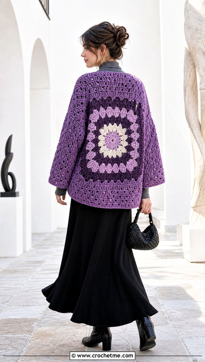 Back Panel Oversized Granny Square Cardigan With Maxi Skirt - 25 Oversized Granny Square Cardigan outfit ideas