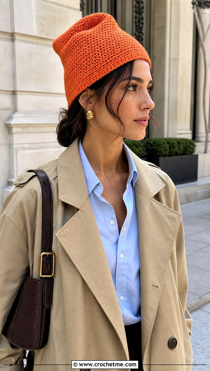Back Swept Crochet Phrygian Cap With Trench Coat - 15 crochet phrygian cap outfit ideas
