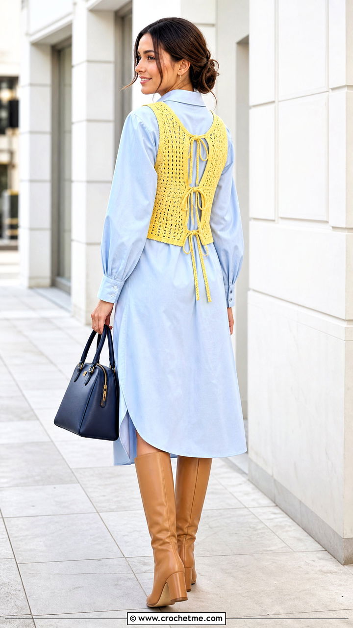 Back Tie Crochet Vest With Shirt Dress - 35 crochet tie vest outfit ideas