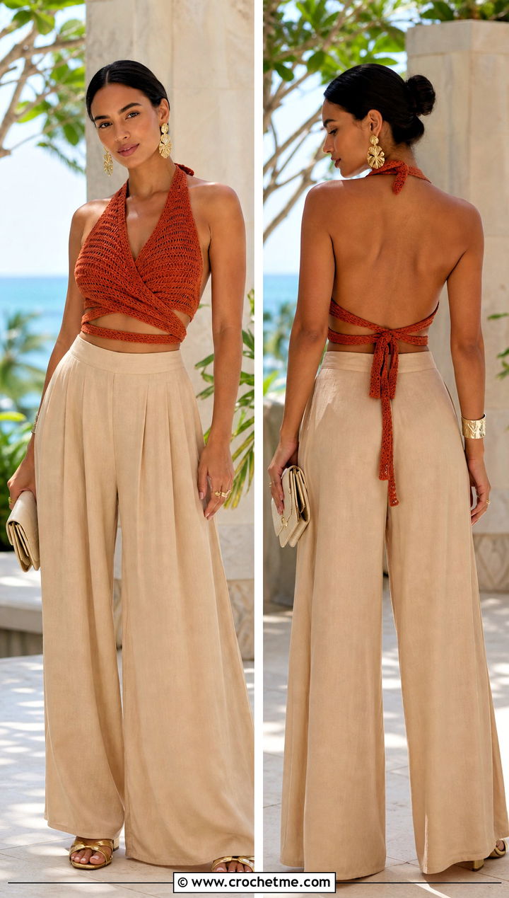Backless Crochet Wrap Crop Top With Wide Leg Jumpsuit Pants - 15 crochet wrap crop top outfit ideas