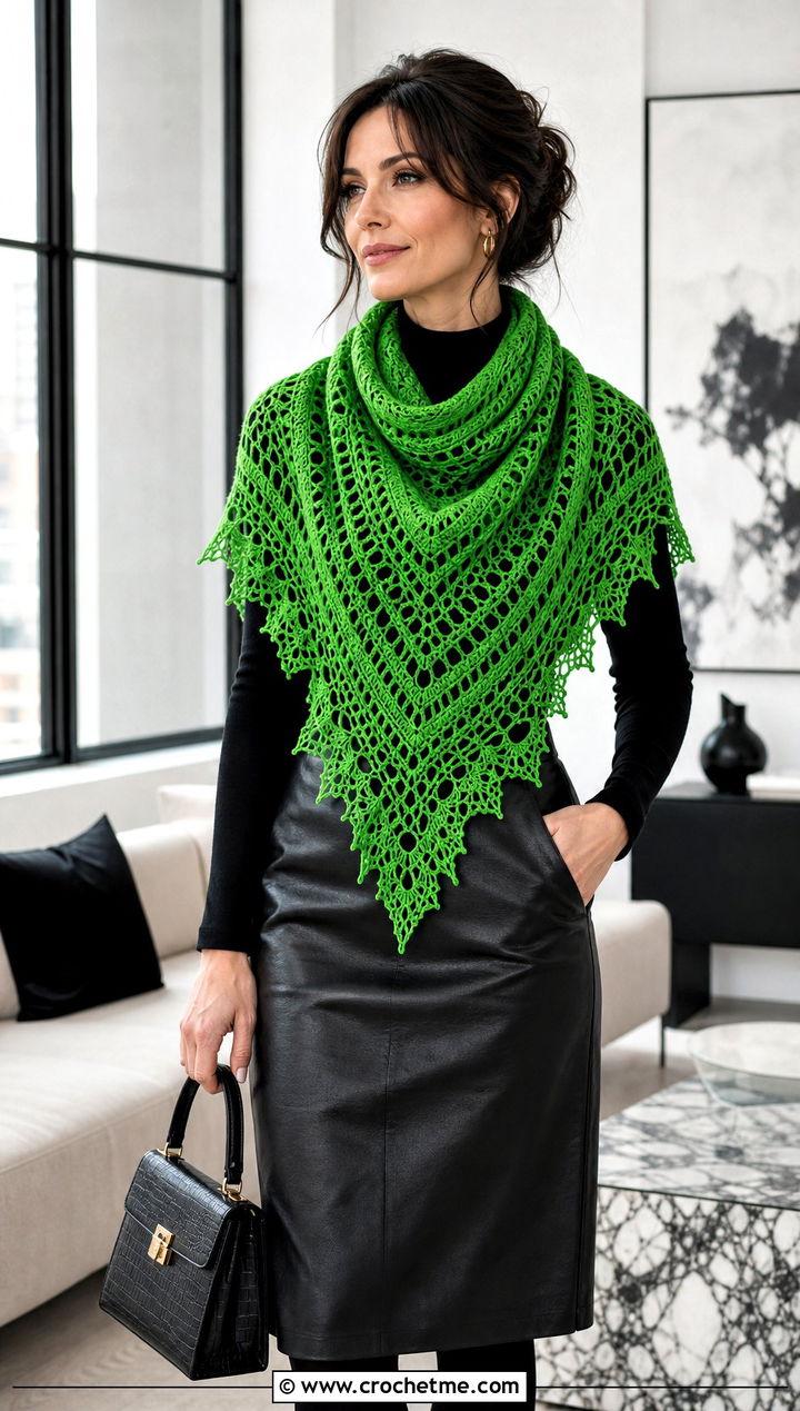 Backward Triangle Fall River Crochet Shawl With a Leather Skirt - 25 Fall River Crochet Shawl outfit ideas