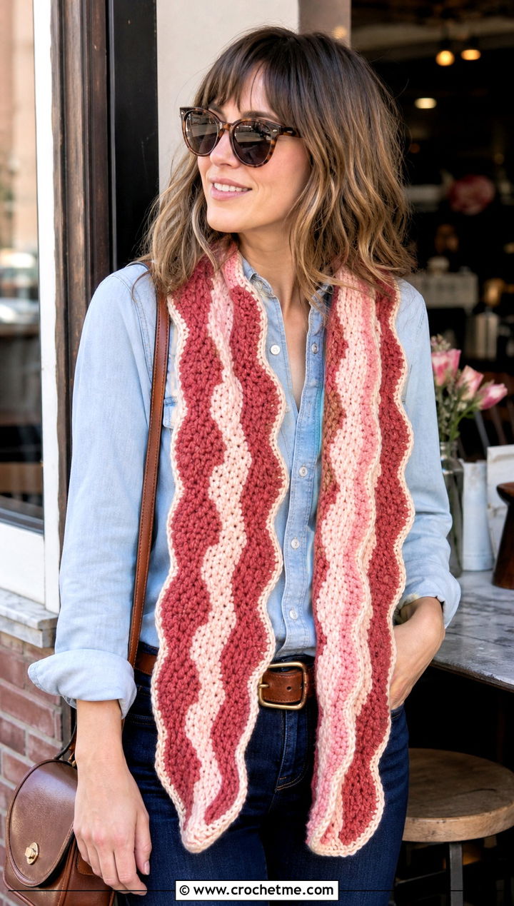Bacon Crochet Scarf With Casual Denim - 15 Funny Crochet Scarves outfit ideas