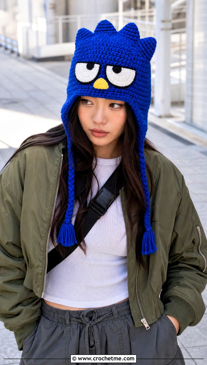 Badtz Maru Crochet Aviator Hat With A Bomber Jacket - 30 sanrio crochet hat outfit ideas