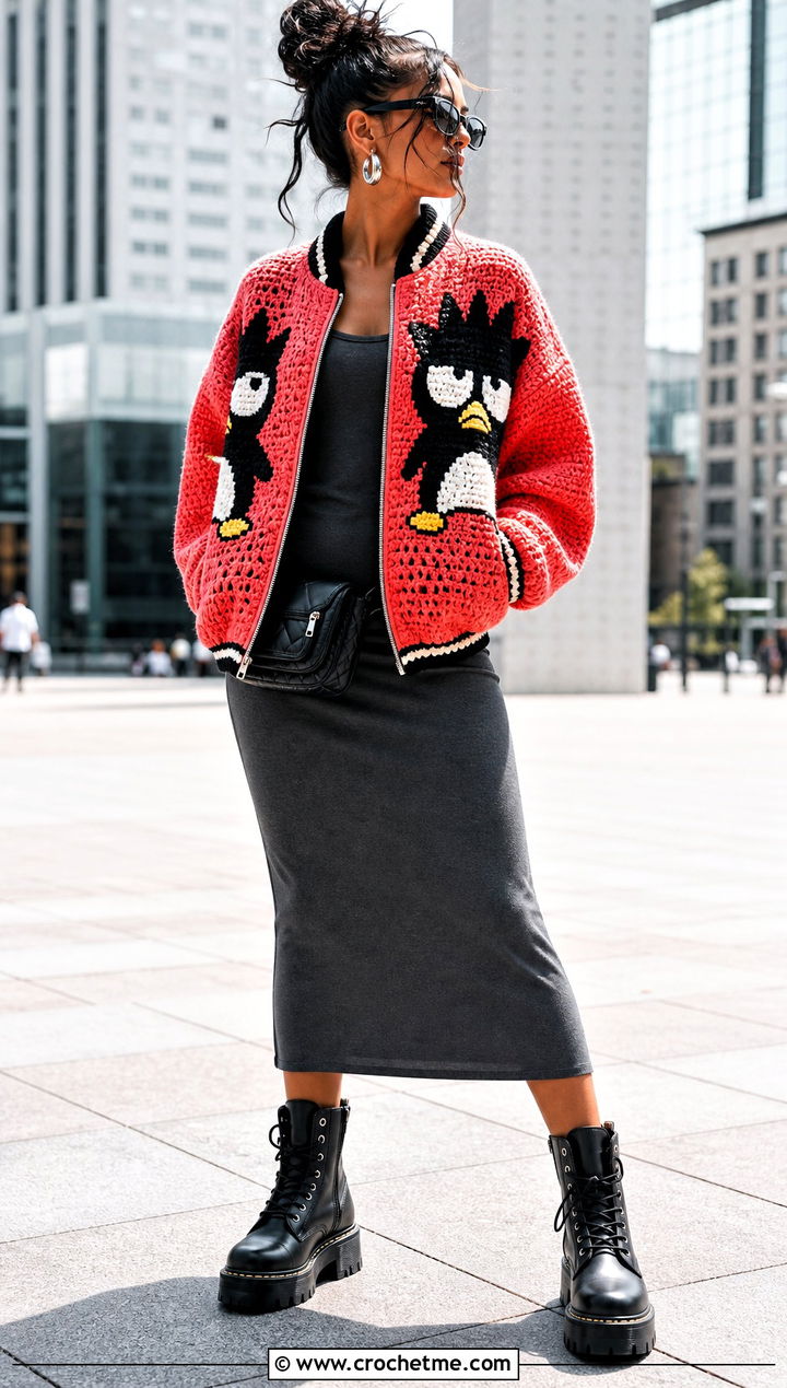 Badtz Maru Crochet Bomber Jacket With Tank Dress - 25 Sanrio Crochet Clothes and outfit ideas