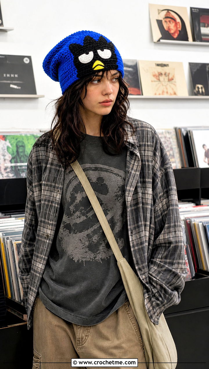 Badtz Maru Crochet Slouchy Beanie With A Graphic Tee - 30 sanrio crochet hat outfit ideas
