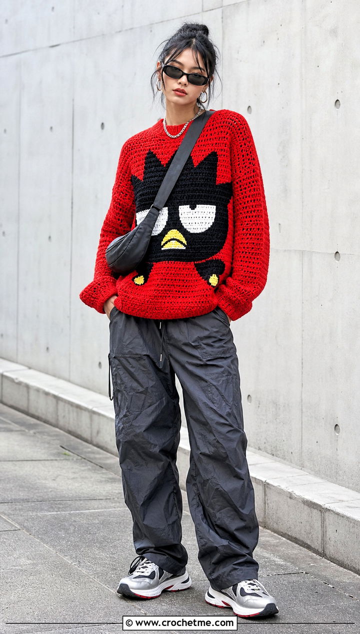 Badtz Maru Graphic Crochet Sweater With Parachute Pants - 25 Sanrio Crochet Clothes and outfit ideas