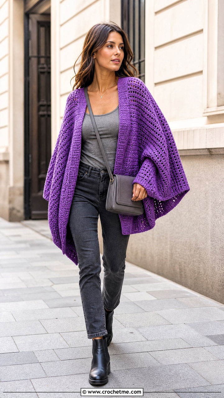 Baggy Batwing Crochet Sweater With Slim Jeans - 35 baggy crochet sweater outfit ideas
