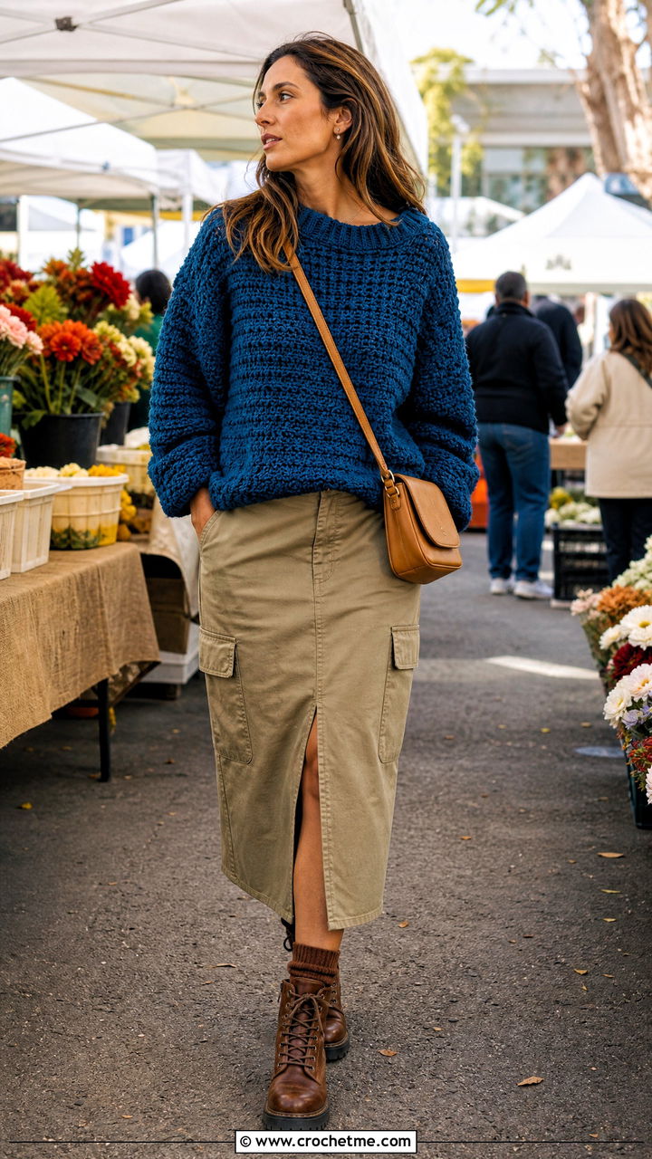 Baggy Chunky Crochet Sweater With Utility Skirt - 35 baggy crochet sweater outfit ideas