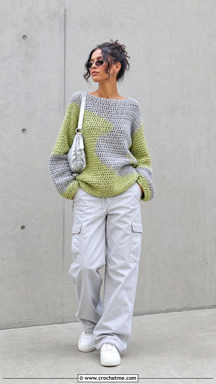 Baggy Color Block Crochet Sweater With Cargo Pants - 35 baggy crochet sweater outfit ideas