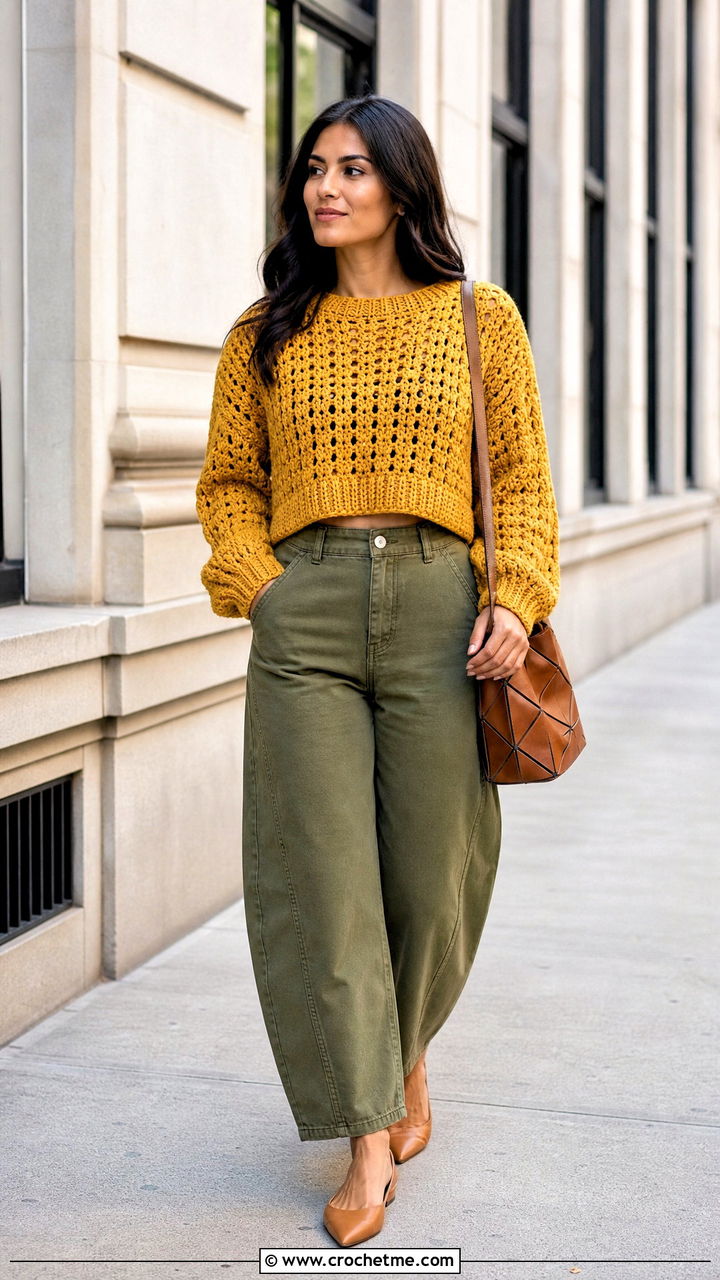 Baggy Cropped Crochet Sweater With Barrel Jeans - 35 baggy crochet sweater outfit ideas