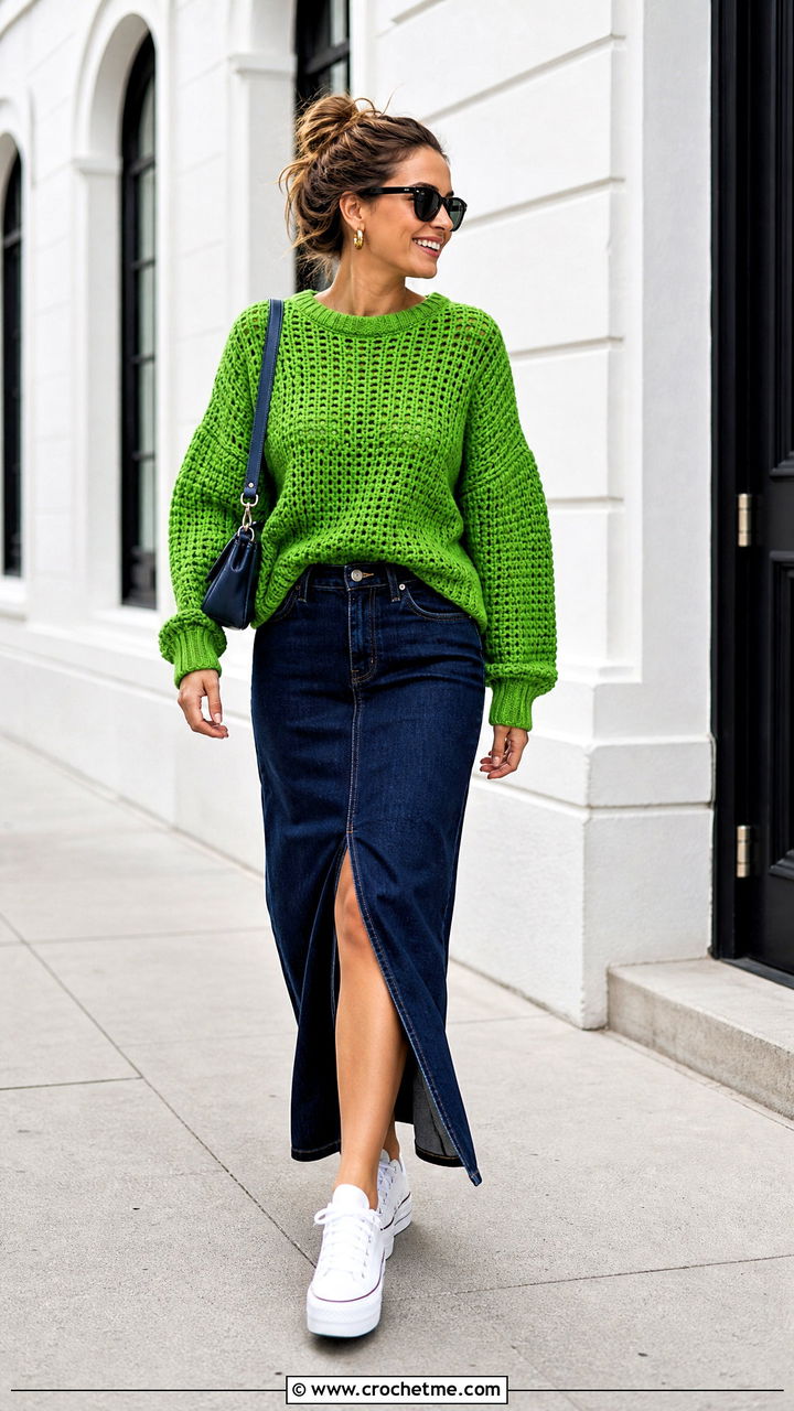 Baggy Drop Shoulder Crochet Sweater With Denim Maxi Skirt - 35 baggy crochet sweater outfit ideas