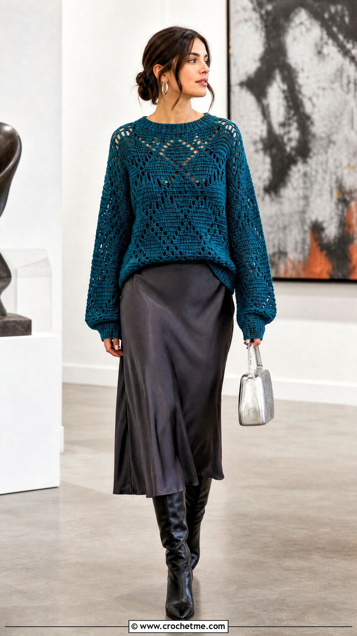 Baggy Filet Crochet Sweater With Satin Midi Skirt - 35 baggy crochet sweater outfit ideas