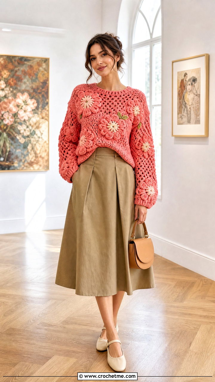 Baggy Floral Crochet Sweater With A Line Skirt - 35 baggy crochet sweater outfit ideas