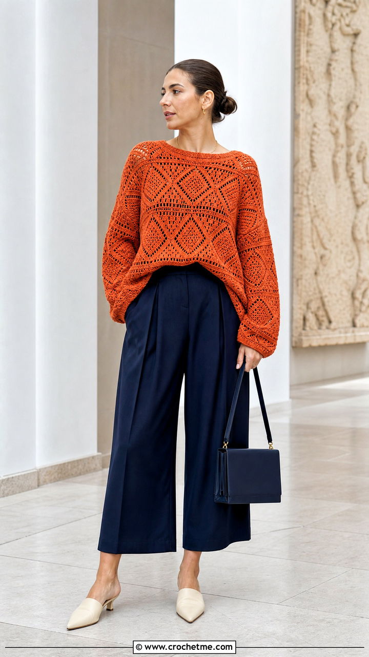 Baggy Geometric Crochet Sweater With Culottes - 35 baggy crochet sweater outfit ideas