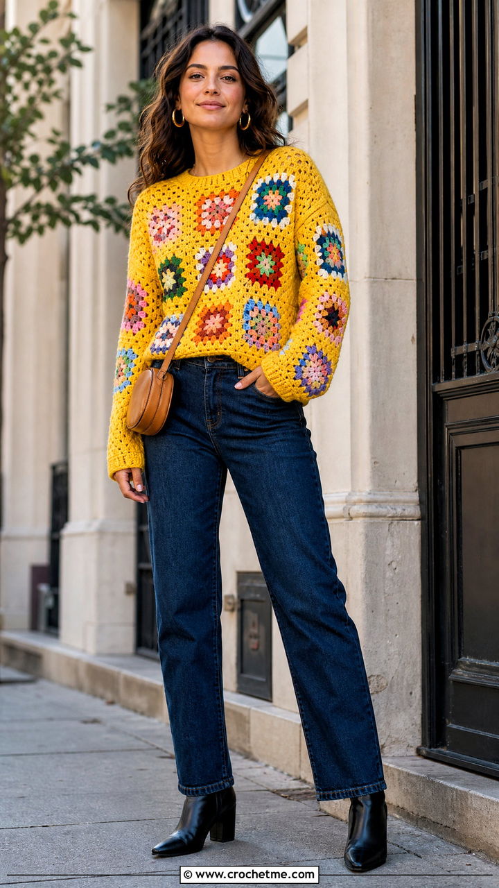 Baggy Granny Square Crochet Sweater With Straight Leg Jeans - 35 baggy crochet sweater outfit ideas