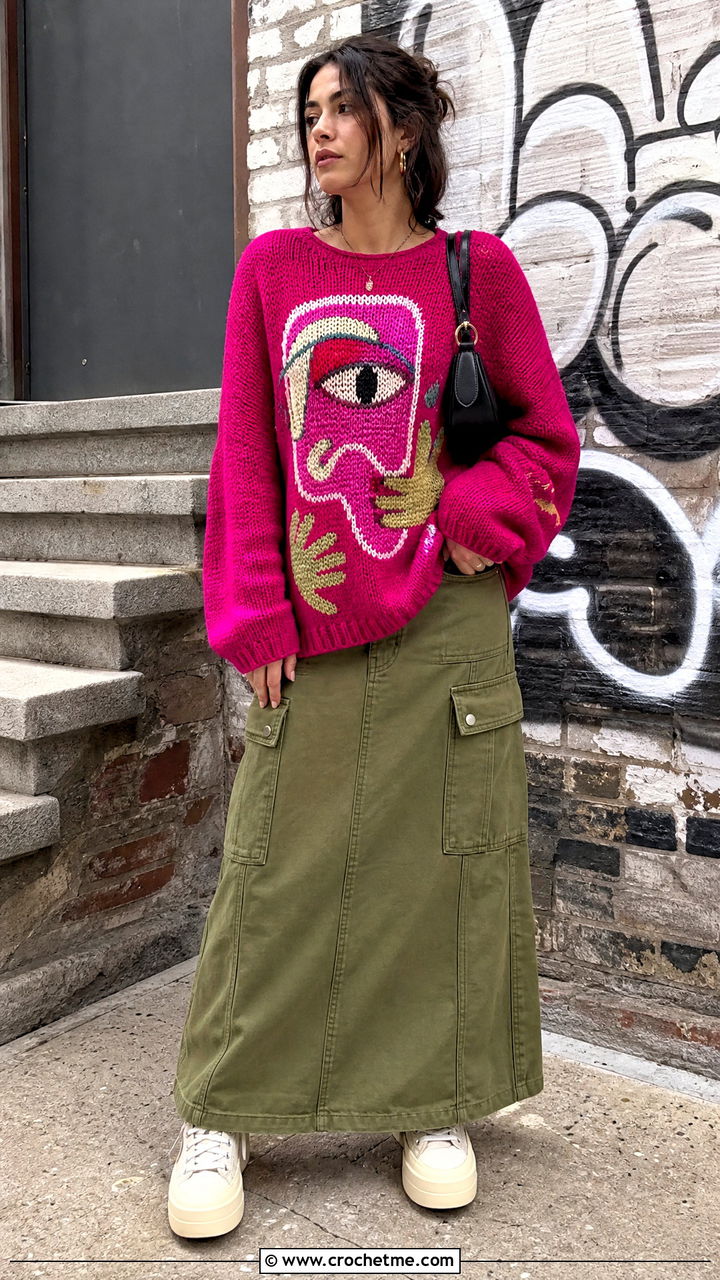 Baggy Graphic Crochet Sweater With Cargo Maxi Skirt - 35 baggy crochet sweater outfit ideas