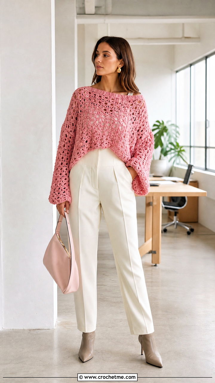 Baggy Lace Crochet Sweater With Tailored Jumpsuit - 35 baggy crochet sweater outfit ideas