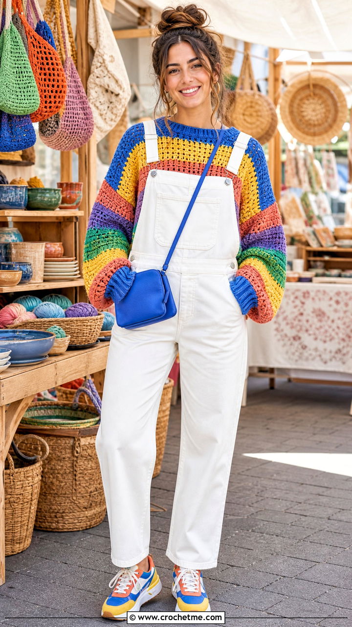 Baggy Multicolor Crochet Sweater With White Overalls - 35 baggy crochet sweater outfit ideas