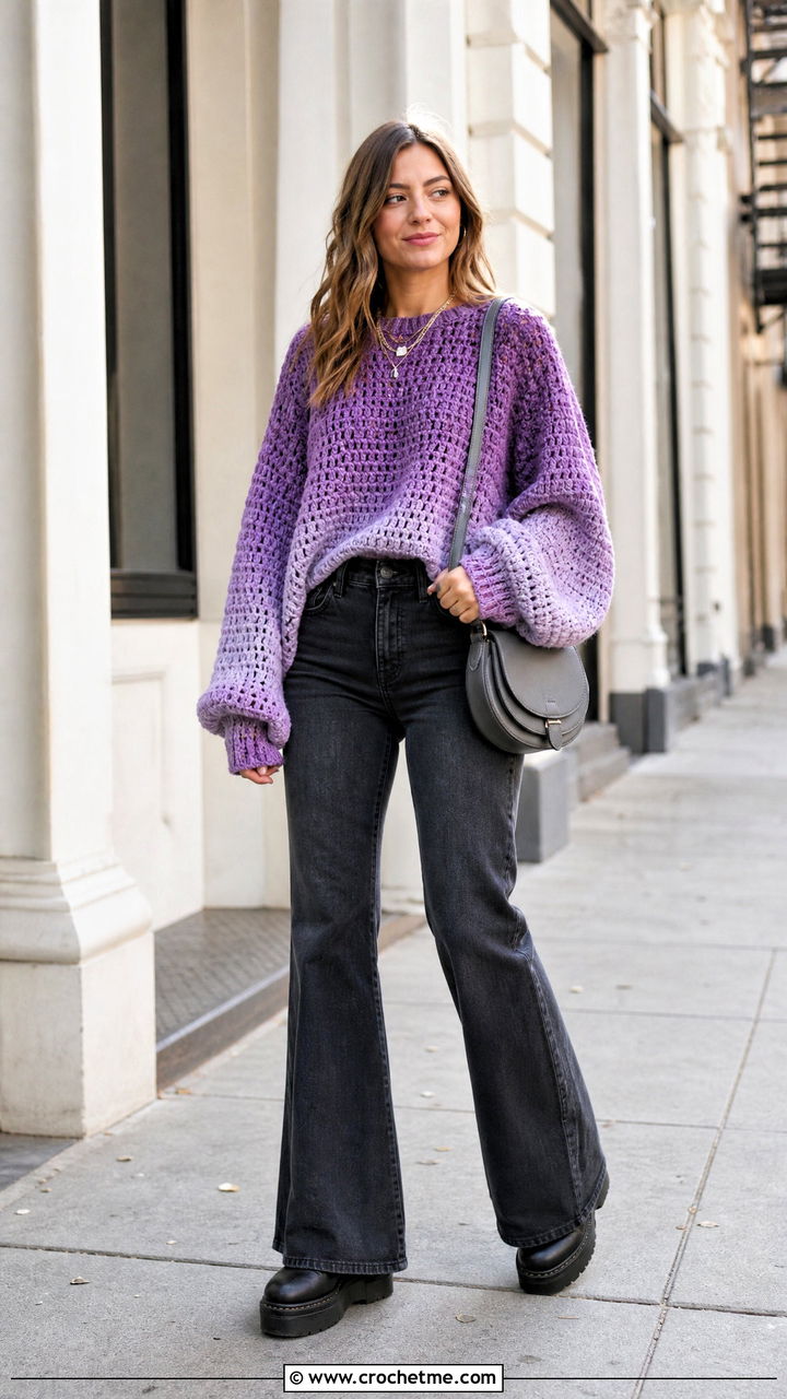 Baggy Ombre Crochet Sweater With Flared Jeans - 35 baggy crochet sweater outfit ideas