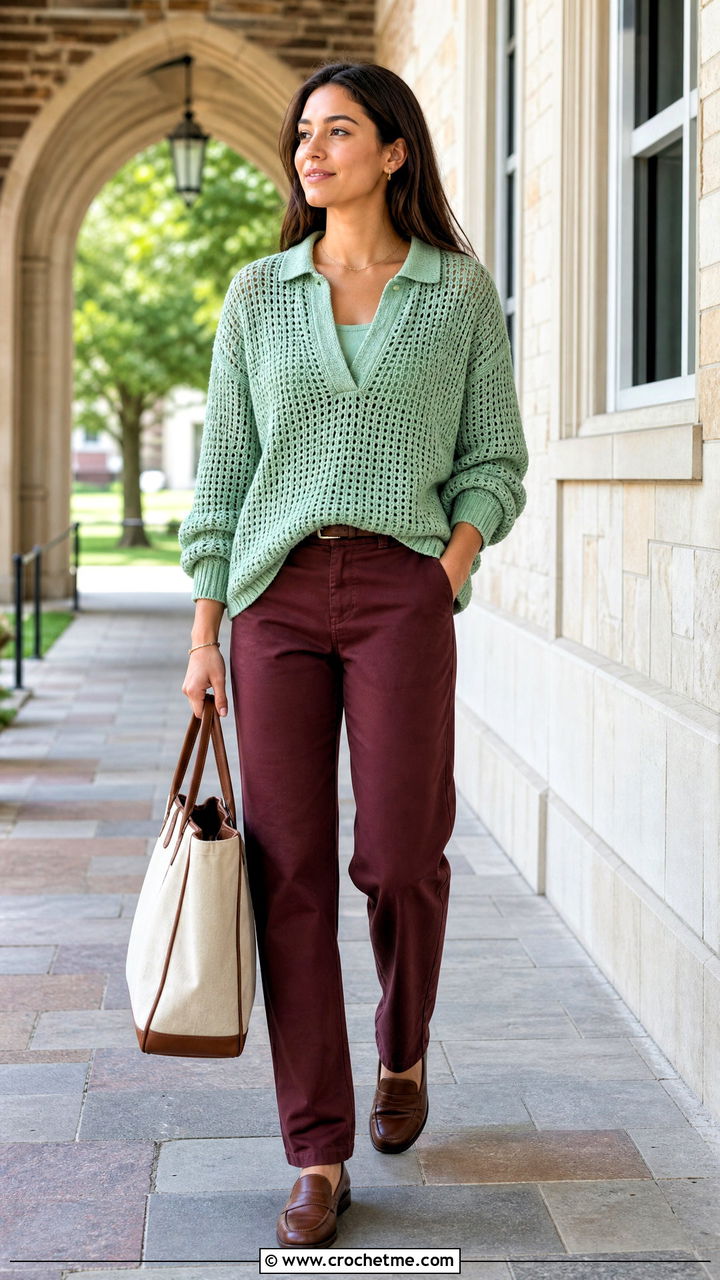 Baggy Polo Collar Crochet Sweater With Chino Pants - 35 baggy crochet sweater outfit ideas