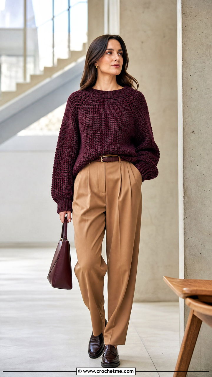 Baggy Raglan Crochet Sweater With Pleated Trousers - 35 baggy crochet sweater outfit ideas